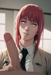 ai_art ai_generated bangs beige_jacket black_jacket black_necktie chainsaw_man cinematic_lighting close-up collared_shirt depth_of_field detailed_face detailed_penis erect_penis female hand_on_penis holding_penis large_penis long_hair looking_at_viewer makima penis_in_hand realistic_penis realistic_skin_texture red_hair ringed_eyes score_8_up score_9 seductive_expression slight_smile upper_body veiny_penis white_shirt yellow_eyes