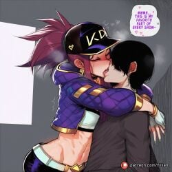1boy ai_generated akali baseball_cap belt black_hair blush breasts choker closed_eyes crop_top cropped_jacket earrings english_text female fingerless_gloves french_kiss gloves green_nails hat heart hood hooded_jacket hug idol jacket jewelry k/da_(league_of_legends) k/da_series kda_akali kissing league_of_legends long_hair makeup midriff nail_polish navel open_clothes open_jacket patreon_username ponytail purple_hair saliva speech_bubble straight sweat tillian toned tongue tongue_out web_address