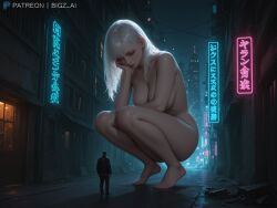 1boy 1girls absurd_res ai_generated areolae big_breasts big_female_small_male bigz_ai breasts city completely_nude curvy curvy_figure female giantess goddess hand_under_chin highres huge_breasts kneeling large_breasts light-skinned_female light_skin long_hair looking_at_another male meme meme_reference naked nipples nude nude_female original_character size_difference smile squatting tall_female white_hair