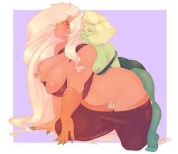 breast_grab breasts cleavage fingering gem_(species) grabbing green_eyes green_hair green_skin groping hairy_pussy jasper_(steven_universe) kneeling kokobuttz large_breasts long_hair orange_eyes orange_hair orange_skin peridot_(steven_universe) pubes pubic_hair pussy_hair shirt_down short_hair steven_universe thick_thighs thighs voluptuous wide_hips yuri