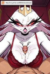 1boy 1girls ai_generated anthro avian big_breasts blush bra breasts chest_tuft crown cum cum_on_breasts cum_on_face demon emotionless female furry helluva_boss human interspecies long_hair looking_at_partner looking_at_viewer male male/female male_pov milf naked_male owl owl_demon paizuri penis red_sclera stella_(helluva_boss) titjob white_body white_eyes white_fur white_hair willainukeusallalready