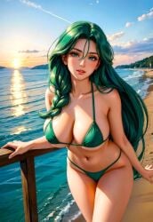 1girls ai_generated anime anime_girl babe beach beautiful beautiful_background breasts cheryl_(pokemon) divine_beauty evening fantasy female female_only gorgeous green_bikini green_hair heavenly_face inviting isaris-ai large_breasts long_hair_female navel pokemon pose scenery seductive seductive_eyes sexy solo summer susnet vacation voluptuous_female