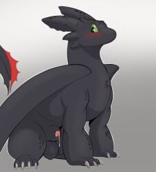 absurd_res animal_genitalia animal_penis balls black_body bluepanda115 blush bodily_fluids claws cum cum_drip cum_string dragon dreamworks dripping european_mythology feet feral fury_(httyd) genital_fluids genitals green_eyes hi_res how_to_train_your_dragon looking_at_viewer male mythological_creature mythological_scalie mythology night_fury nude paws penis penis_tip precum reptile scales scalie sheath shy simple_background sitting solo tail toe_claws toes toothless western_dragon wings