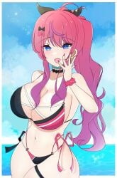 ahoge beach bikini blue_eyes bow breasts collarbone esttea female gradient_hair hair_ornament hair_ribbon hairbow kuramochi_meruto large_breasts legs long_hair multicolored_hair navel nijisanji open_mouth pink_hair ponytail purple_hair red_hair ribbon sky summer swimsuit virtual_youtuber