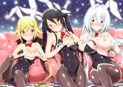 blush breasts bunnysuit clothing flat_chest looking_at_viewer ore_twintail_ni_narimasu shindou_erina tail_blue tail_yellow tsube_aika twoearle yuto