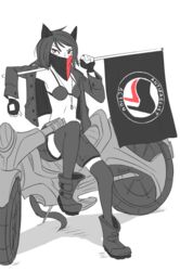 1girls animal_ears animal_tail antifa bandana_over_mouth black_hair boots bra cat_ears cat_tail catgirl catgirl_drawgirl fingerless_gloves flag gloves jacket looking_at_viewer medium_hair mostly_monochrome motorcycle mouth_mask pendant politics red_eyes scarf shorts sitting_on_motorcycle small_breasts thighhighs white_background