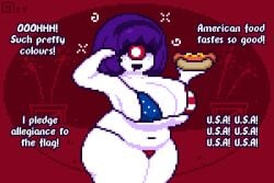 1_eye 1girls :d american_flag american_flag_bikini bikini breast_expansion breasts cleavage cyclops female female_only food hair_ornament hotdog hypnosis maid_bikini micro_bikini navel octette_(octotron2000) octotron2000 pixel_art plump purple_hair saluting short_hair smile solo solo_female text thick_thighs thong white_body wide_hips