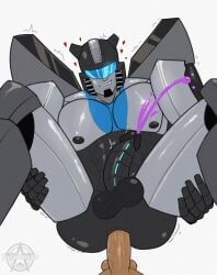 anus athletic_male balls cumming cybertronian ejaculation gay heart_symbol human interspecies jazz_(transformers) legs_spread legs_up male/male missionary_position nipples offscreen_male on_back pecs penis polarisinhostar pov robot smirk transformers transformers_one visor