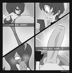 1boy 1girls 2024 alternate_version_available anus big_ass big_penis blush buckteeth cellphone freckles juniper_(moteluxionas) male/female monochrome moteluxionas one_eye_covered penis presenting_hindquarters presenting_penis selfie teasing underwear