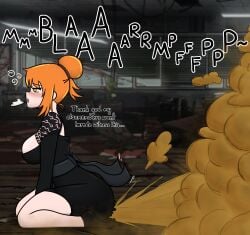 1girls ass big_breasts blush breasts dialogue embarrassed fart fart_cloud fart_fetish female ginger_hair hair_bun hairbun human ishmael_(limbus_company) kimono kneeling kneeling_female kneeling_on_ground limbus_company onomatopoeia open_mouth pale_skin project_moon relief ribbon sigh socks sooshinoko stinky tattoo tattooed_arm text vibration yellow_eyes