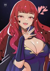 :d arm_up black_cape breasts cape cleavage detached_sleeves female fire_emblem fire_emblem_engage highres ihsnet large_breasts long_hair looking_at_viewer nintendo open_mouth purple_cape red_eyes red_hair sky smile solo star_(sky) star_(symbol) starry_sky two-tone_cape yunaka_(fire_emblem)