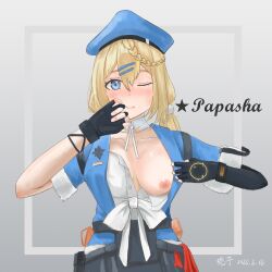1girls artist_request beret blonde_hair blue_eyes blush braid breasts breasts_out clothing dated female female_only girls'_frontline girls'_frontline_2:_exilium gloves hairclip jacket long_hair looking_at_viewer medium_breasts nipples one_breast_out papasha_(girls'_frontline_2) ppsh-41_(girls'_frontline) pulling_clothing smile text wink