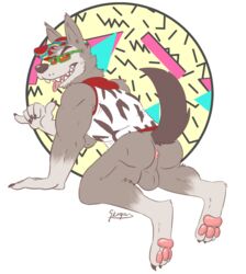 abstract_background anthro ass balls bottomless canine clothed clothing eyewear glasses hat male male_only mammal old_spice pawpads paws presenting presenting_hindquarters raised_tail skoogers solo tongue tongue_out wolf wolfthorn_(old_spice)