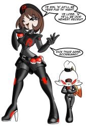 belt black_latex brainwashing brown_eyes brown_hair chaoscroc dialogue empty_eyes eyeshadow gloria_(pokemon) hat heels large_breasts latex light_skin poke_ball scorbunny team_rocket thin_waist