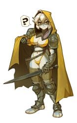 animal_ears animal_feet anthro anthro_female anthro_only armor armored_female armored_gloves belly_button belt big_breasts bikini bikini_armor bikini_bottom bikini_top blue_skin boots bra breasts breasts brown_gloves brush_rush bunny bunny_ears bunny_girl bunny_tail bunnygirl cape cape_lift child_bearing_hips cloak cloak_lift exposed_belly_button eyelashes female_anthro female_focus female_furry forearm_armor fur furry furry_female furry_only gloves golden_eyes guilherme_freitas hair highleg highleg_bikini highleg_panties highres holding_object holding_sword holding_weapon hood hooded_cloak huge_breasts impractical_armor impractical_clothing koh_ellya non-human oc original original_character panties question_mark serious serious_face serious_look short_hair short_shorts shorts shoulder_armor shoulder_pads slim slim_girl slim_waist sword tail thick_eyelashes thick_thighs two_color_fur warrior white_background white_hair wide_hipped_female wide_hips yellow_bikini yellow_bra yellow_cape yellow_eyes yellow_panties