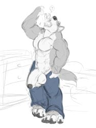 3:4 abs anthro balls black_glans blue_bottomwear blue_clothing blue_pants bottomwear canid canine closed_eyes clothed clothing duo flaccid fur genitals glans grey_body grey_fur grey_tail head_tuft hi_res humanoid_genitalia humanoid_penis in_mouth male male_anthro mammal muscular muscular_anthro muscular_male open_bottomwear open_clothing oral_vore pants pecs penis size_difference solaxe_(artist) standing tail topless tuft vore white_balls white_body white_fur white_penis white_tail