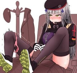 1boy 1girls beret blush bottomless chair closed_mouth clothing commander_(girls'_frontline) cunnilingus eating_pussy embarrassed face_tattoo female girls'_frontline gloves green_eyes grey_hair hair_ornament hk416_(girls'_frontline) jacket long_hair male panties panties_around_one_leg pussy shaking shoes sitting sitting_on_chair sweat sweatdrop tattoo teardrop_facial_mark testame thighhighs turisasu