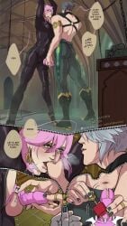 alhaitham_(genshin_impact) bondage bondage chastity_cage chastity_device domination genshin_impact kaveh_(genshin_impact) latex latex_suit leilielmeimiel pink_hair submissive_male