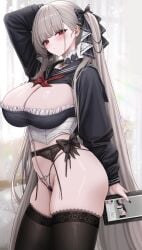 alternate_costume arm_behind_head arm_up azur_lane black_garter_belt black_panties black_ribbon black_shirt black_thighhighs blush bow breasts cg choker cleavage closed_mouth female formidable_(azur_lane) frills garter_belt grey_hair hair_ribbon highleg_panties holding lace_trim large_breasts long_hair long_sleeves looking_at_viewer neckerchief official_art panties red_eyes sailor_collar shirt solo string_panties thighhighs thighs thong twintails two-tone_ribbon underwear very_long_hair