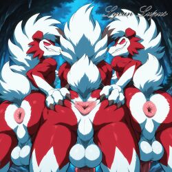 ai_generated anthro anthro_only anus ass ass_focus balls big_balls butt_focus canid canine canine_genitalia canine_penis cave fur furry_male furry_only generation_7_pokemon grabbing grabbing_ass group group_nudity knot looking_at_viewer looking_back lycanlupus lycanroc lying_on_side male male/male/male male_only midnight_lycanroc night nude outside pokemon pokemon_(species) presenting_anus presenting_hindquarters red_eyes smiling solo solo_male spread_anus spread_ass spreading trio