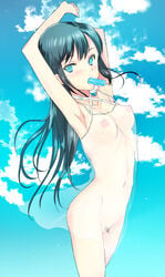 armpits arms_up blue_eyes blue_hair breasts cloud coin_rand collarbone day female food highres mouth_hold nipples original popsicle pubic_hair see-through sky solo wind