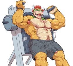 1boy 2025 abs anthro areola armpit_hair barazoku beard berububs biceps big_muscles big_penis blush bodily_fluids body_hair bottomwear bowser bowser_day bulge chest_hair claws clothed clothing collar daddy deltoids dilf dripping erection erection_under_clothing exercise eyebrows facial_hair furry furry_male furry_only genital_fluids genitals glans hair happy_trail hi_res horn huge_cock huge_muscles humanoid_genitalia humanoid_penis koopa looking_at_viewer male male_only manly mario_(series) muscular muscular_anthro muscular_male narrowed_eyes navel nintendo nipples non-mammal_nipples obliques open_mouth open_smile pecs penis penis_poking_out precum precum_drip precum_on_leg precum_on_self precum_string pubes red_hair reptile scalie serratus shorts simple_background smile solo solo_focus solo_male spiked_collar spikes standing sweat teeth thick_arms thick_thighs tongue topless topless_anthro topless_male wardrobe_malfunction weight_machine weightlifting weights wet wet_body white_background workout wristband