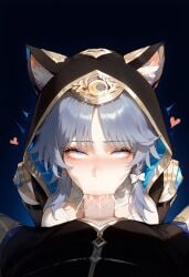 ai_generated big_ass blowjob catgirl cipher cum cum_in_mouth cumming cumshot deepthroat fat_ass grey_hair heart hexd honkai:_star_rail large_breasts thighs