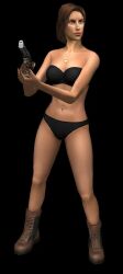 1girls 3d 3d_model adult_female ai_generated bikini black_background black_bikini boots brown_eyes brown_hair far_cry far_cry_classic female female_only holding_gun light_brown_skin pendant short_hair valerie_constantine video_game video_game_character video_game_franchise video_games