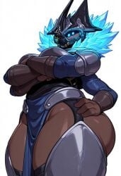 4_arms ai_generated armor arms_crossed arms_crossed_under_breasts big_ass big_breasts blank_background blue_eyes blush breasts brown_body civitai destiny_(game) destiny_2 eramis eyepatch female helmet mask multi_arm multi_limb thick_thighs white_background