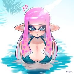 ! 1girls 2won2 ? alternate_version_at_source big_breasts bikini bikini_top blue_eyes blush breasts cleavage female heart inkling inkling_girl light-skinned_female light_skin long_hair looking_at_viewer nintendo palm_leaf palm_tree partially_submerged pink_hair solo splatoon splatoon_(series) summer tentacle_hair twowontwo water