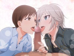 1boy 2girls anastasia_(idolmaster) blue_eyes blush brown_eyes brown_hair censored collaborative_fellatio collared_shirt earrings fellatio idolmaster idolmaster_cinderella_girls jewelry long_hair low_ponytail male_pubic_hair mosaic_censoring multiple_fellatio multiple_girls mushiro_(nijie728995) necklace nitta_minami oral penis pov pubic_hair shirt silver_hair teamwork tongue tongue_out