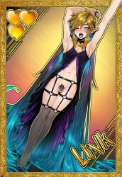 ai_art ai_generated armpits arms_up black_nails blue_eyes blue_hair blue_lipstick blush caged_cock chastity_cage choker crossdressing dress earrings elf_ears exposing extremely_long_hair eye_closed femboy feminine_male feminization garter_belt glowing_eyes gold_hair heart lingerie link long_ears makeup male_only nintendo novelai outline pantyhose posing, sissy sole_male stretching text the_legend_of_zelda trading_card triforce yawn