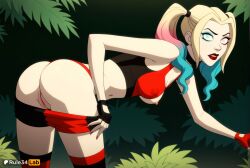 1girls ai_generated ass bent_over blonde_hair blue_eyes blue_hair breasts clothes_pull covered_nipples crop_top dc dc_comics eyeshadow female female_only fingerless_gloves gloves gradient_hair harley_quinn harley_quinn_(series) hi_res lipstick long_hair looking_at_viewer makeup medium_breasts multicolored_hair nail_polish navel nipples one_breast_out panties pink_hair pulled_by_self pussy red_lips red_nails red_panties rule34lab short_shorts shorts shorts_pull solo tank_top thighhighs twintails two-tone_hair uncensored underwear