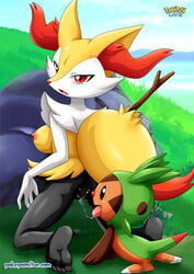 anthro ass barefoot bbmbbf black_fur braixen breasts canine chespin cunnilingus female fox looking_at_viewer nintendo nude palcomix pokémon_(species) pokemon pokemon_(species) pokepornlive pussy pussy_juice red_fur video_games yellow_fur