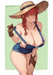 1girls areola_slip areolae big_breasts blue_overalls blush braid breasts brown_gloves cetta_(cettadvd) chainsaw_man cleavage female female_only gloves hair hand_on_thigh handwear hat headwear hips huge_breasts lips makima_(chainsaw_man) naked_overalls overalls overalls_only red_hair smile solo solo_female straw_hat thighs wide_hips yellow_eyes