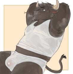 2025 anthro armpit_hair belly belly_peeking_out bodily_fluids body_hair bovid bovine brown_body brown_eyebrows brown_fur cattle clothing eyebrows fur hands_behind_head hi_res horn looking_away male mammal musclegut muscular musk musk_clouds pecs raised_arms shirt simple_background solo sweat tail tank_top topwear translucent translucent_clothing translucent_underwear underwear white_clothing white_shirt white_topwear white_underwear yuuko891