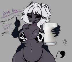 1girls bikini color colored cow_ears cow_print cow_print_bikini cow_print_bra cup cup_of_milk dark-skinned_female dark_skin english english_text female female_focus female_only micro_bikini multi_limb silkvia solo solo_female solo_focus spider spider_girl tail talking talking_to_viewer text text_bubble white_hair white_hair_female zamzipperart
