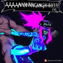 1boy ai_generated akali arm_grab arm_held_back baseball_cap bent_over blacklight bodypaint breasts choker completely_nude dark-skinned_male deep_penetration doggy_style earrings english_text female hat jewelry k/da_(league_of_legends) k/da_series kda_akali league_of_legends long_hair makeup male mask medium_breasts mouth_mask nipples nude penis pink_hair ponytail pussy sex sex_from_behind solo_focus speech_bubble standing_sex straight tillian vaginal_penetration x-ray yellow_eyes