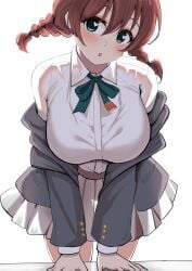 :o absurdres aqua_eyes blazer blush braid breasts brown_hair collared_shirt emma_verde female freckles grey_jacket hair_between_eyes heart heart-shaped_pupils highres jacket large_breasts long_sleeves love_live! love_live!_nijigasaki_high_school_idol_club low_twin_braids open_mouth pisagi pleated_skirt school_uniform shirt simple_background skirt solo symbol-shaped_pupils twin_braids white_background white_shirt white_skirt