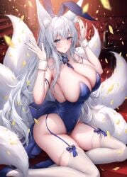 animal_ear_fluff animal_ears azur_lane bare_shoulders blue_eyes blue_footwear blue_leotard blue_nails blush breasts cg cleavage confetti covered_navel detached_collar fake_animal_ears female fox_ears fox_girl fox_tail garter_straps hands_up high_heels highleg highleg_leotard huge_breasts indoors kitsune kyuubi large_breasts leotard long_hair looking_at_viewer multiple_tails nail_polish official_alternate_costume official_art parted_lips playboy_bunny rabbit_ears rabbit_pose shinano_(azur_lane) shinano_(visions_of_fantasy)_(azur_lane) sitting skindentation solo strapless strapless_leotard tail thighhighs thighs very_long_hair white_hair white_thighhighs white_wrist_cuffs wrist_cuffs