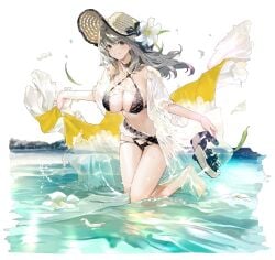 azur_lane bare_shoulders barefoot bikini black_background black_bikini blush breasts brown_eyes cg charybdis_(azur_lane) charybdis_(prism_sea_breeze)_(azur_lane) cleavage criss-cross_halter female flower full_body grey_hair halterneck hat hat_flower holding holding_shoes kneeling large_breasts long_hair looking_at_viewer navel official_art open_clothes parted_lips sandals see-through shoes smile solo stomach straw_hat sun_hat swimsuit thighs unworn_shoes wading water wet white_flower