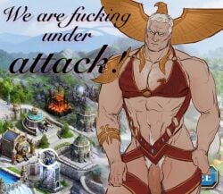 1boy ad_reference black_eyes city crossdressing flaccid flaccid_penis frown funny happy_trail humor looking_at_viewer male male_only male_pubic_hair mobile_game_ad muscular muscular_male parody pencilbrusch penis post-human primarch pubic_hair red_bikini rogal_dorn text warhammer_(franchise) warhammer_40k white_hair