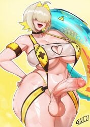 bangs bangs_over_eyes blonde_hair breasts elegg_(nikke) floatie futa_only futanari goddess_of_victory:_nikke gojich1 hand_on_hip huge_breasts huge_cock intersex open_mouth penis smiling solo swimsuit thick_thighs