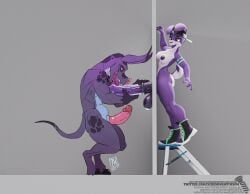 1boy 1futa 3d_(artwork) animal_genitalia animal_penis anthro backwards_cap balls baseball_cap big_penis breasts clothing digital_media_(artwork) duo equine_genitalia equine_penis erection footwear forked_tongue futa_is_bigger futa_on_male futadom futanari genitals glory_hole hat headgear headwear horsecock intersex lagomorph leporid licking male malesub mammal medial_ring nail_(screwingwithsfm) oral penile penis penis_lick purple_body rabbit red_eyes screwingwithsfm sex shoes sneakers space_dog stepladder submissive submissive_male tongue yellow_sclera zwitterkitsune zwitterkitsune_(character)