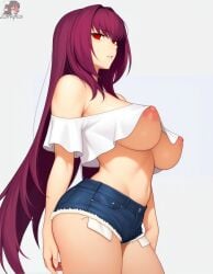 ai_generated areolae ass big_ass crop_top cutoffs expressionless female female flapper_shirt from_below from_side high_waisted_shorts kuudere large_breasts long_hair looking_at_viewer loose_shirt mature_female midriff milf nipple_slip off_shoulder purple_hair red_eyes scathach_(fate) scathach_(fate)_(all) solo thick_thighs underboob underbutt undersized_clothes zorkpics