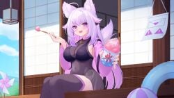 :d absurdres ahoge animal_ears architecture ball beachball bell_sleeves black_bra black_leotard blue_sky blush bra breasts cat_ears cat_girl cat_tail cloud colored_inner_hair colored_tips commission covered_navel day east_asian_architecture eyelashes female food g-string gold_necklace highres indie_virtual_youtuber innertube jewelry large_breasts leotard long_hair long_sleeves love_letter multicolored_hair necklace oerba_yun_fang outdoors pink_nails pinwheel pisceun porch purple_eyes see-through_clothes see-through_shirt sharing_food shaved_ice shirt shiyuonline shouji sideboob simple_bird skeb_commission sky sliding_doors smile solo stirrup_legwear summer swim_ring tail thighhighs thong toeless_legwear transparent_leotard underwear white_hair wooden_porch