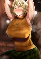 1boy 1girls absurdres armpit_fetish armpit_focus armpit_pose armpit_sucking armpits arms_behind_head ashley_graham breadcavity breasts female highres large_breasts male nervous resident_evil resident_evil_4 smelling smelling_armpit smelly_armpits