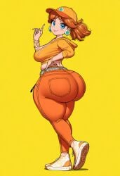 :3 ai_generated ass baseball_cap belt big_ass booty bracelet breasts brown_hair cleavage gigantic_ass hat hoodie huge_ass jeans lubbasdump mario_(series) massive_ass midriff nintendo princess_daisy rings shoes sneakers studded_belt super_mario_bros. tan_skin wide_hips