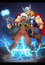 1boy 1girl 1girls ai_generated barefoot dark-skinned_female electricity female hammer interracial male male/female marvel masturbation muscular muscular_male ororo_munroe pussy storm_(x-men) surprised thor_(marvel) vagina white_hair x-men