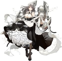 apron azur_lane bare_shoulders black_background black_dress black_footwear black_pantyhose blush breasts cg charybdis_(azur_lane) cleavage clothing_cutout dress elbow_gloves female frilled_dress frills full_body gloves grey_eyes grey_hair high_heels large_breasts long_hair looking_at_viewer machinery maid maid_headdress mole official_art pantyhose rigging smile solo standing turret underboob underboob_cutout waist_apron white_apron white_gloves